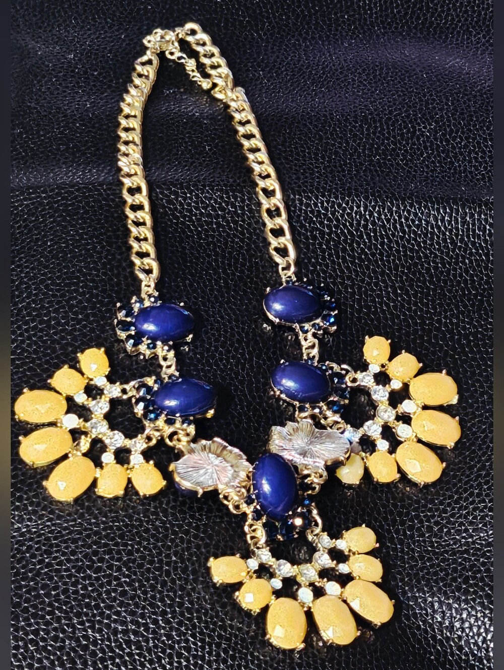 22" Gold Tone Navy Blue & Yellow Fan Statement Bib Necklace | Chunky Crystal